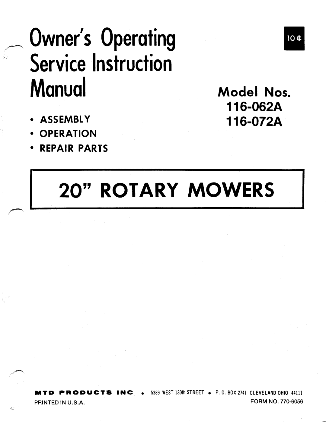 MTD 116-072A, 116-062A manual 
