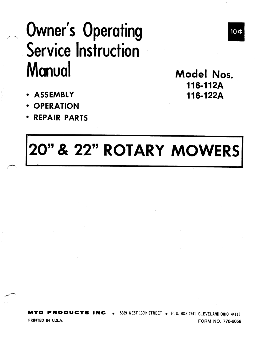 MTD 116-122A, 116-112A manual 
