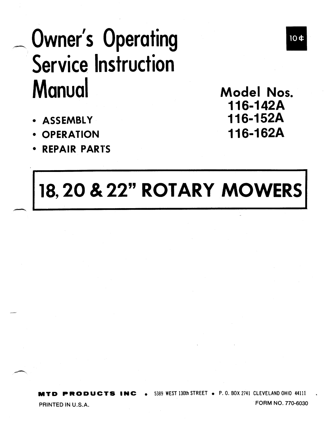 MTD 116-162A, 116-142A, 116-152A manual 