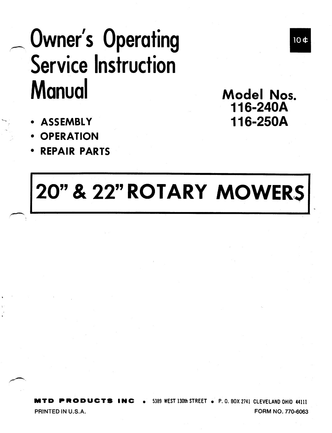 MTD 116-250A, 116-240A manual 