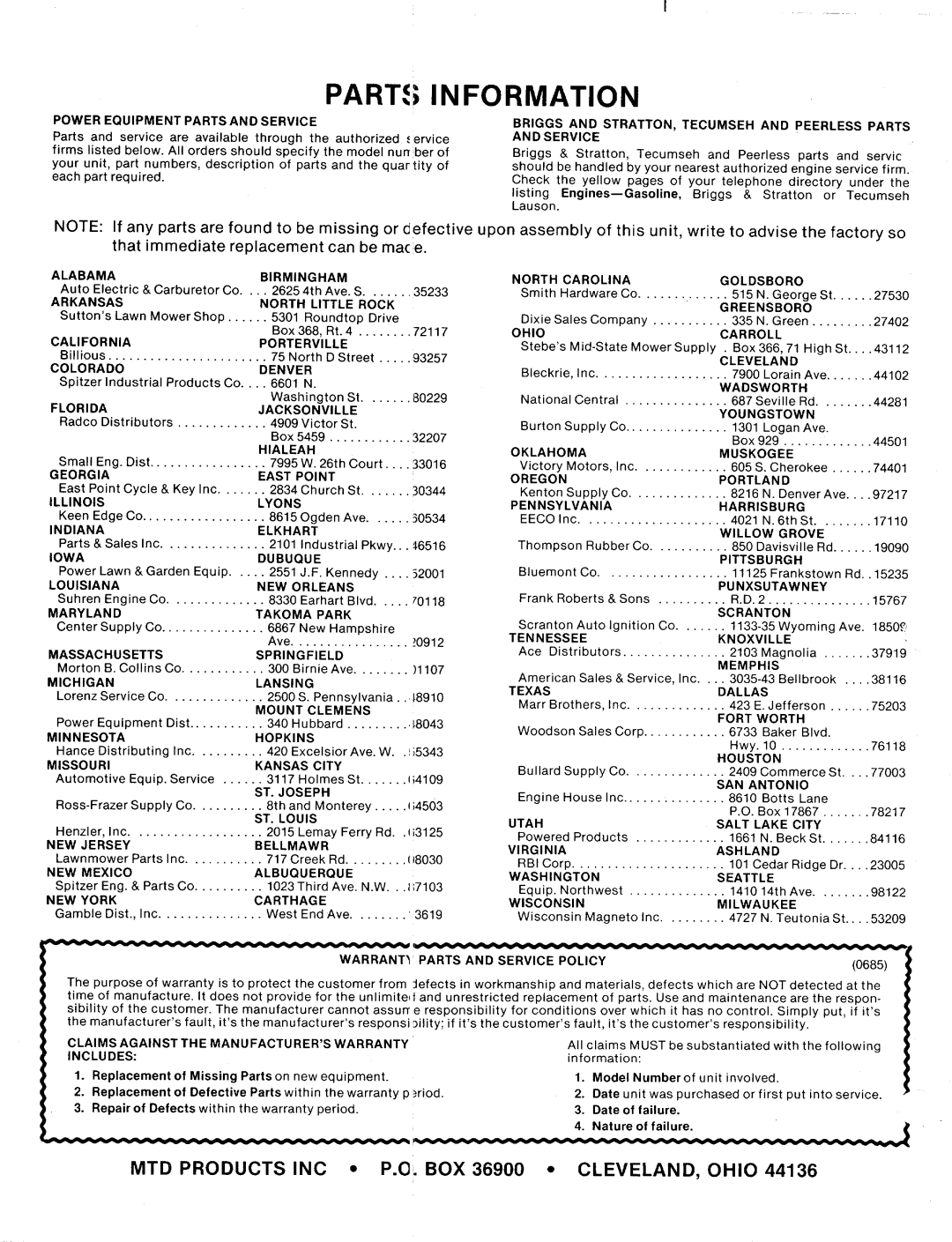 MTD 116-500-000 manual 