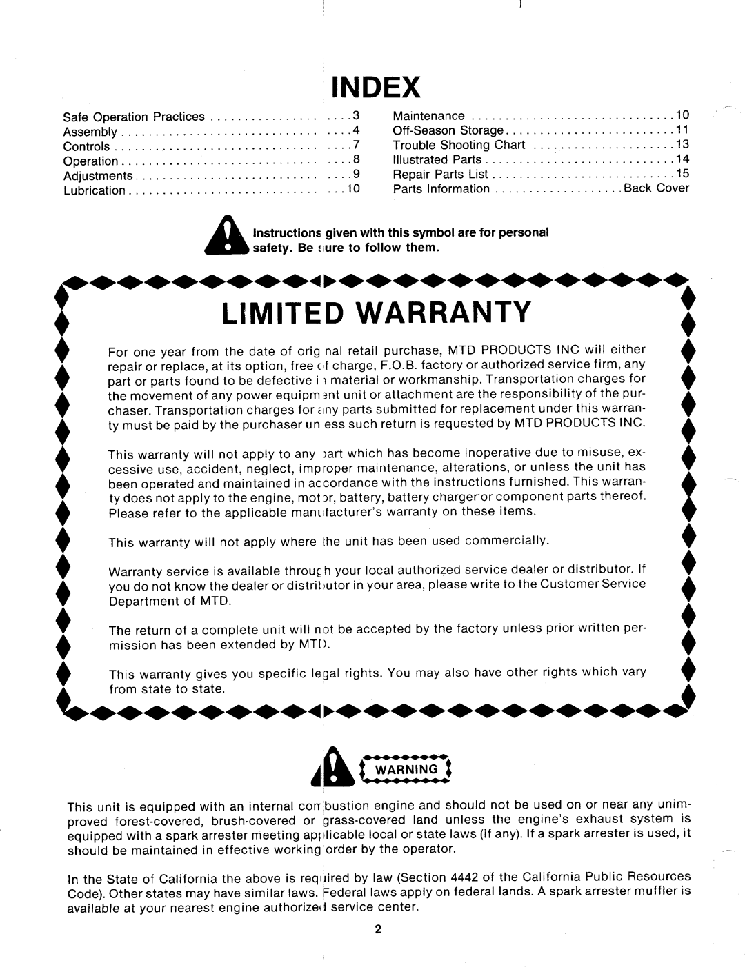 MTD 116-500-000 manual 