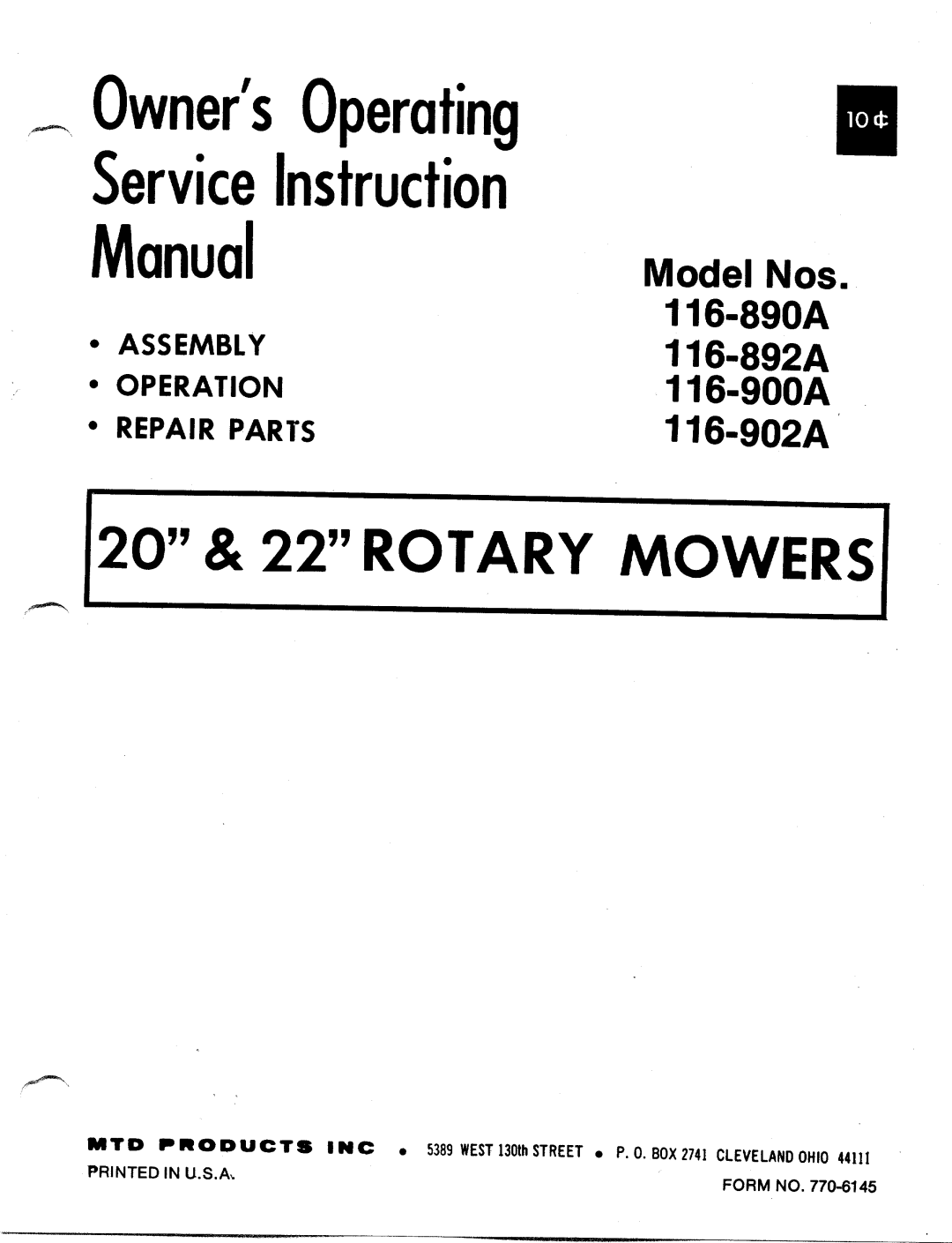 MTD 116-902A, 116-900A, 116-890A, 116-892A manual 