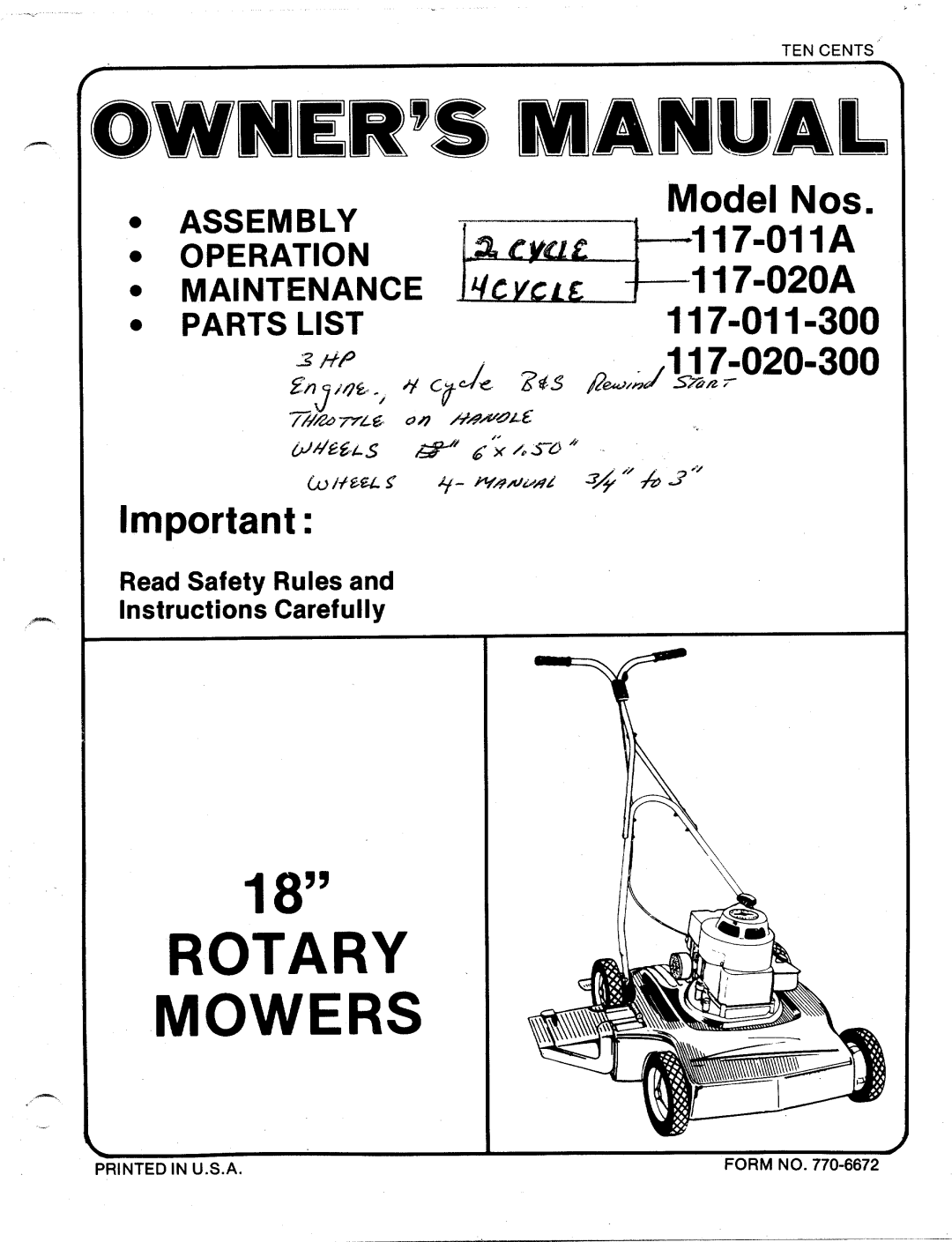 MTD 117-011A, 117-020A, 117-011-300, 117-020-300 manual 