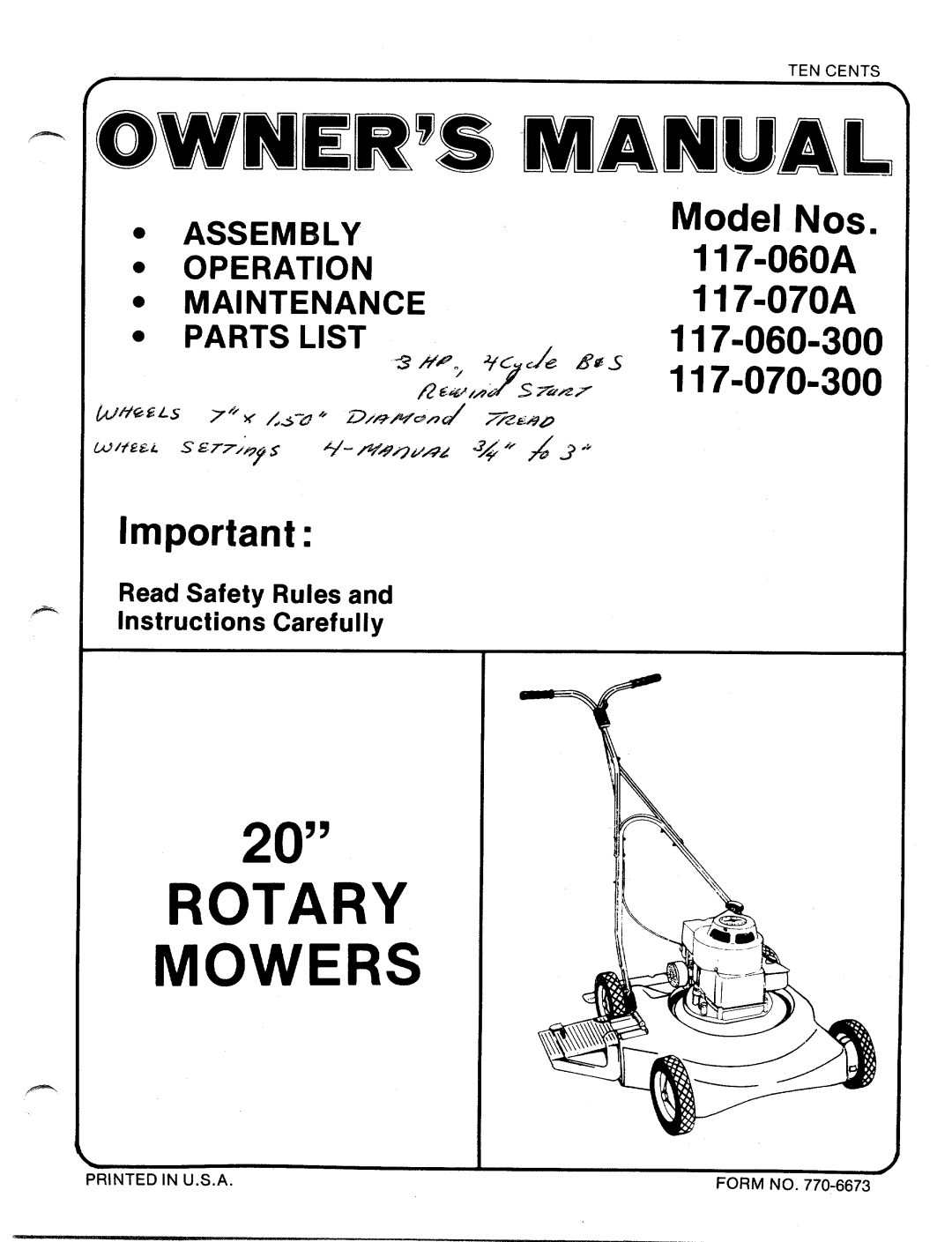 MTD 117-070A, 117-070-300, 117-060A, 117-060-300 manual 