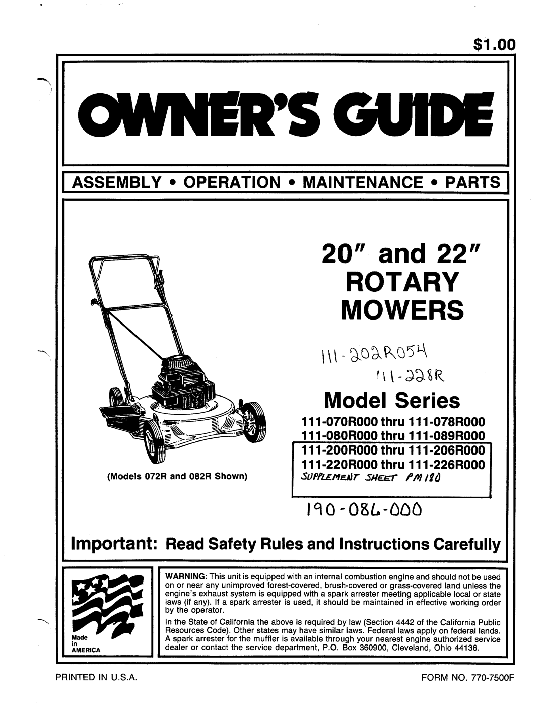 MTD 117-070R000 thru 111078R000, 117-070R000 thru 111-078R000, 111-080R000 THRU 111-089R000 manual 