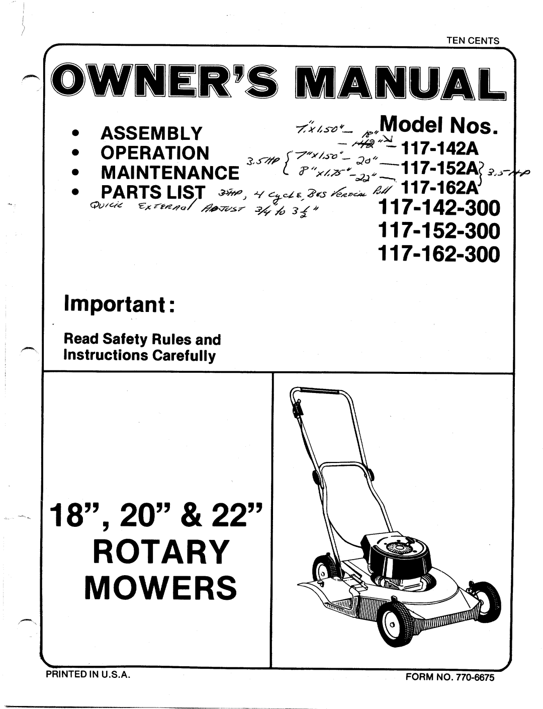 MTD 117-142A, 117-162-300, 117-142-300, 117-152-300, 117-152A, 117-162A manual 