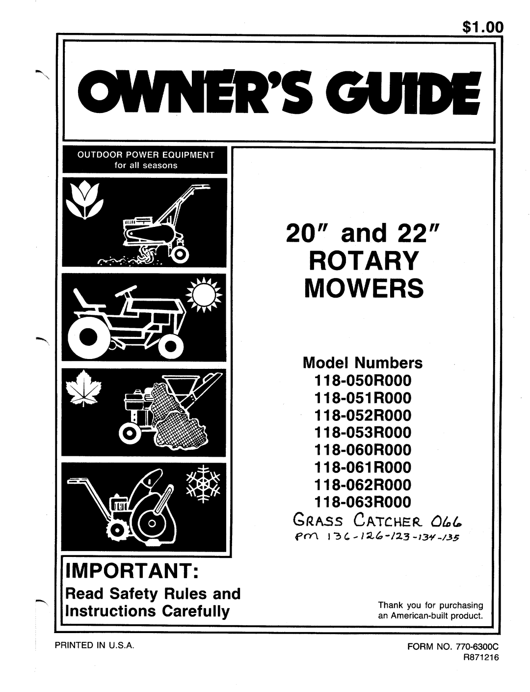 MTD 118-061R000, 118-050R000, 118-062R000, 118-051R000, 118-052R000, 118-053R000, 118-060R000, 118-063R000 manual 