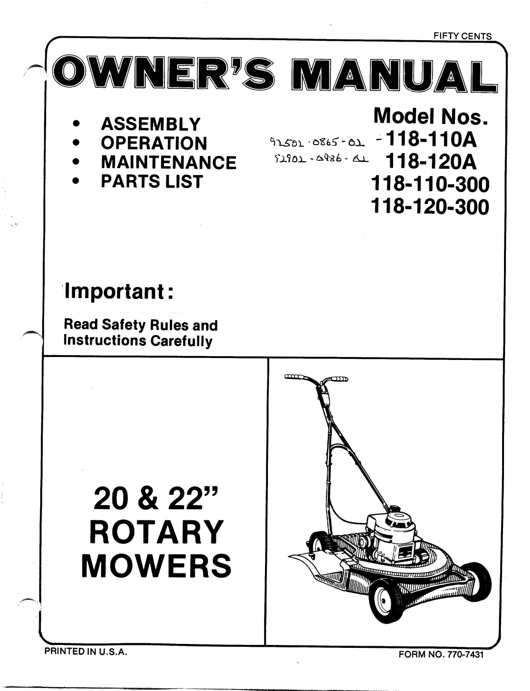 MTD 118-120-300, 118-120A, 118-110-300, 118-110A manual 