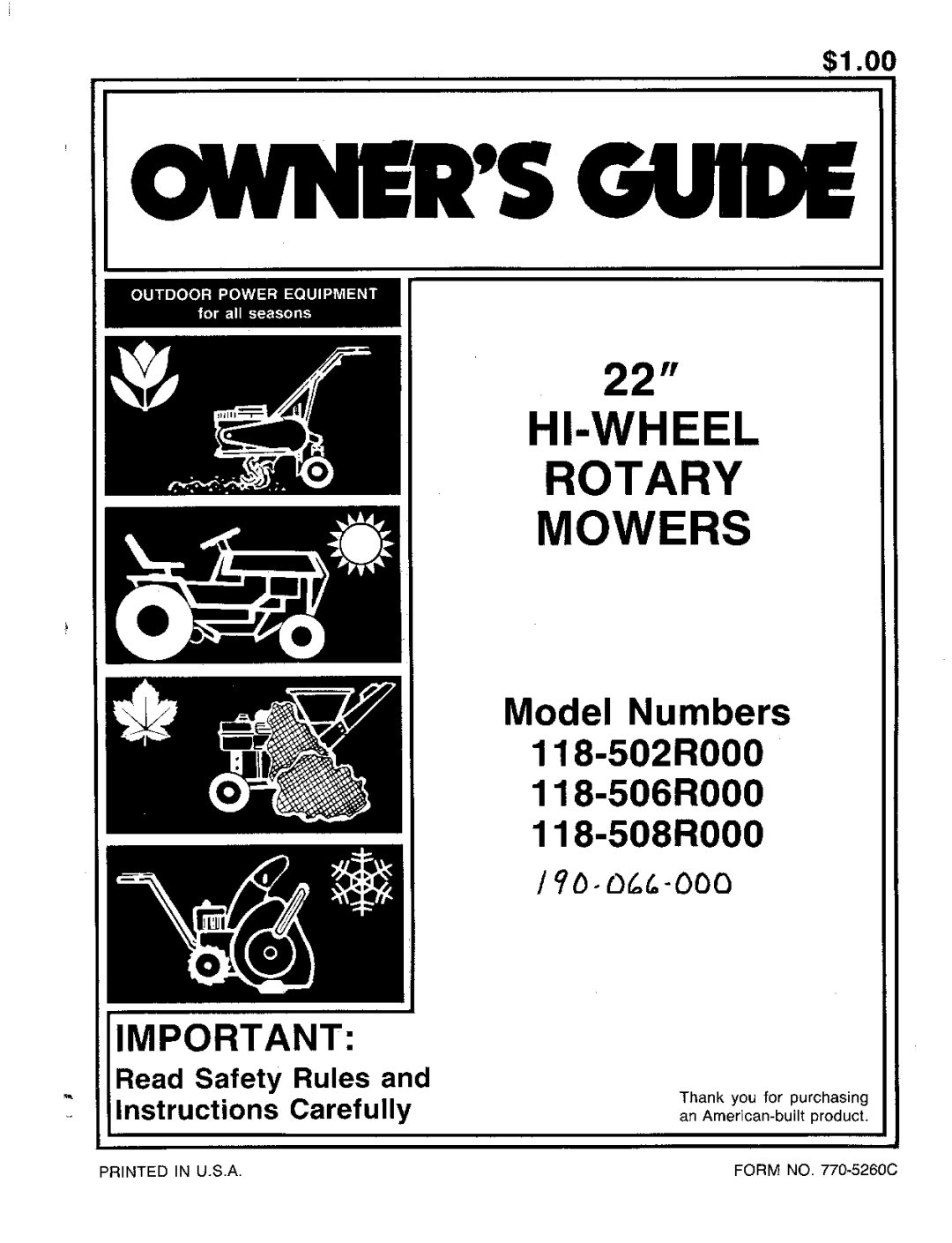 MTD 118-508R000, 118-506R000, 118-502R000 manual 