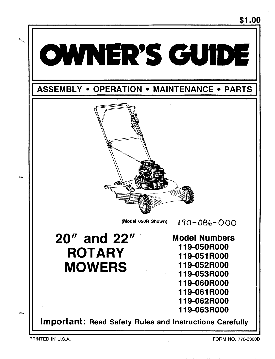 MTD 119-062R000, 119-061R000, 119-063R000, 119-053R000, 119-052R000, 119-051R000, 119-060R000, 119-050R000 manual 