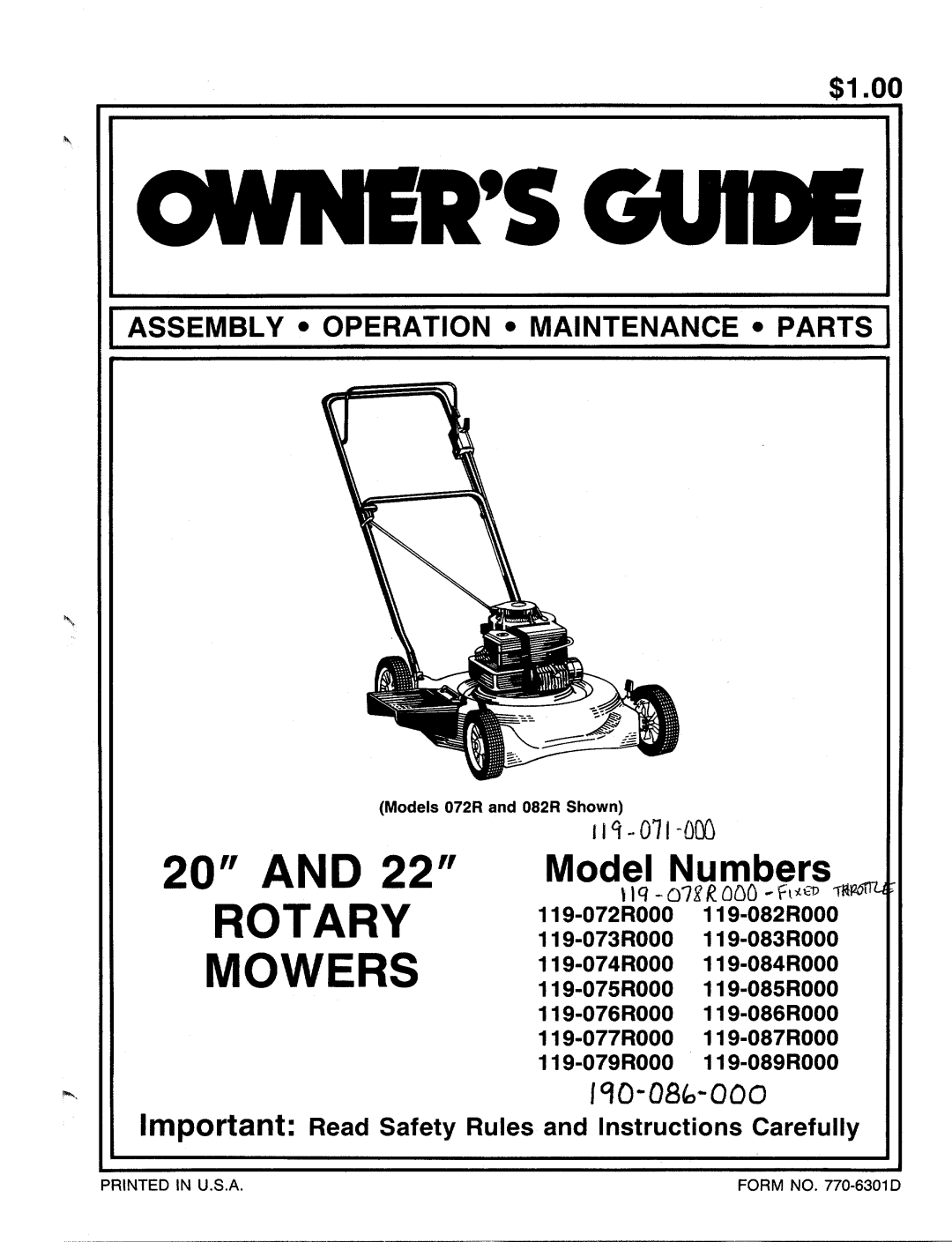 MTD 119-079R000, 119-083R000, 119-077R000, 119-075R000, 119-073R000, 119-072R000, 119-074R000, 119-082R000, 119-076R000 manual 