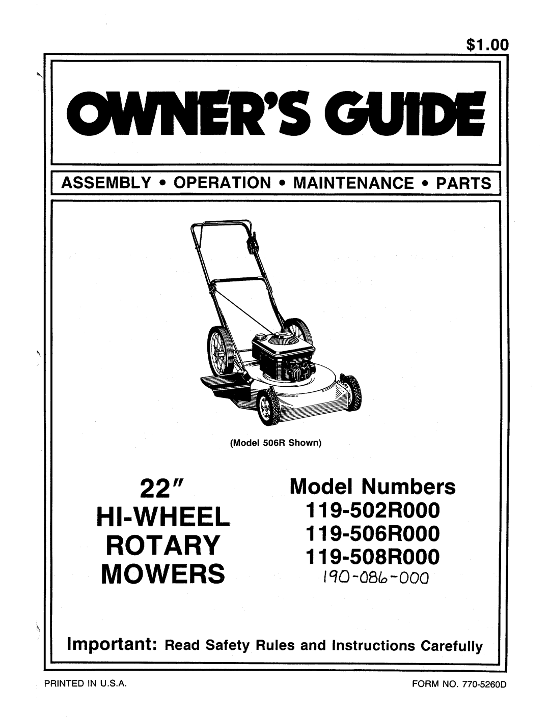 MTD 119-508R000, 119-506R000, 119-502R000 manual 