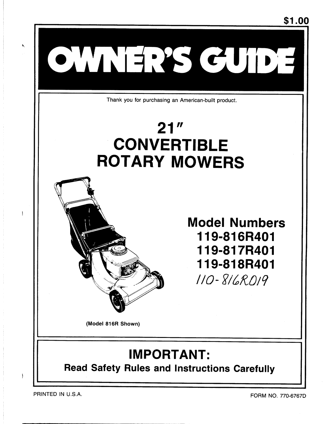 MTD 119-817R401, 119-818R401, 119-816R401 manual 