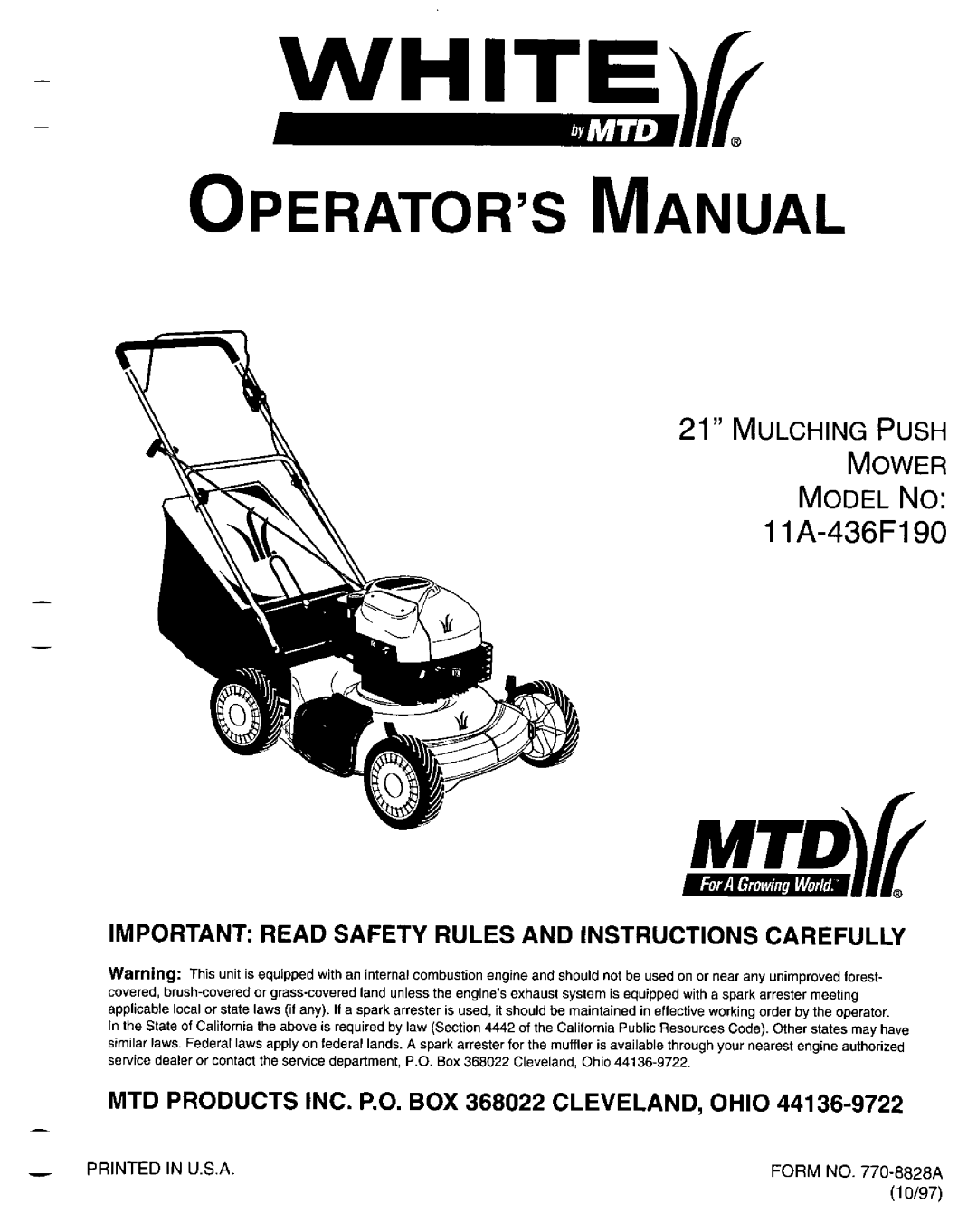 MTD 11A-436F190 manual 