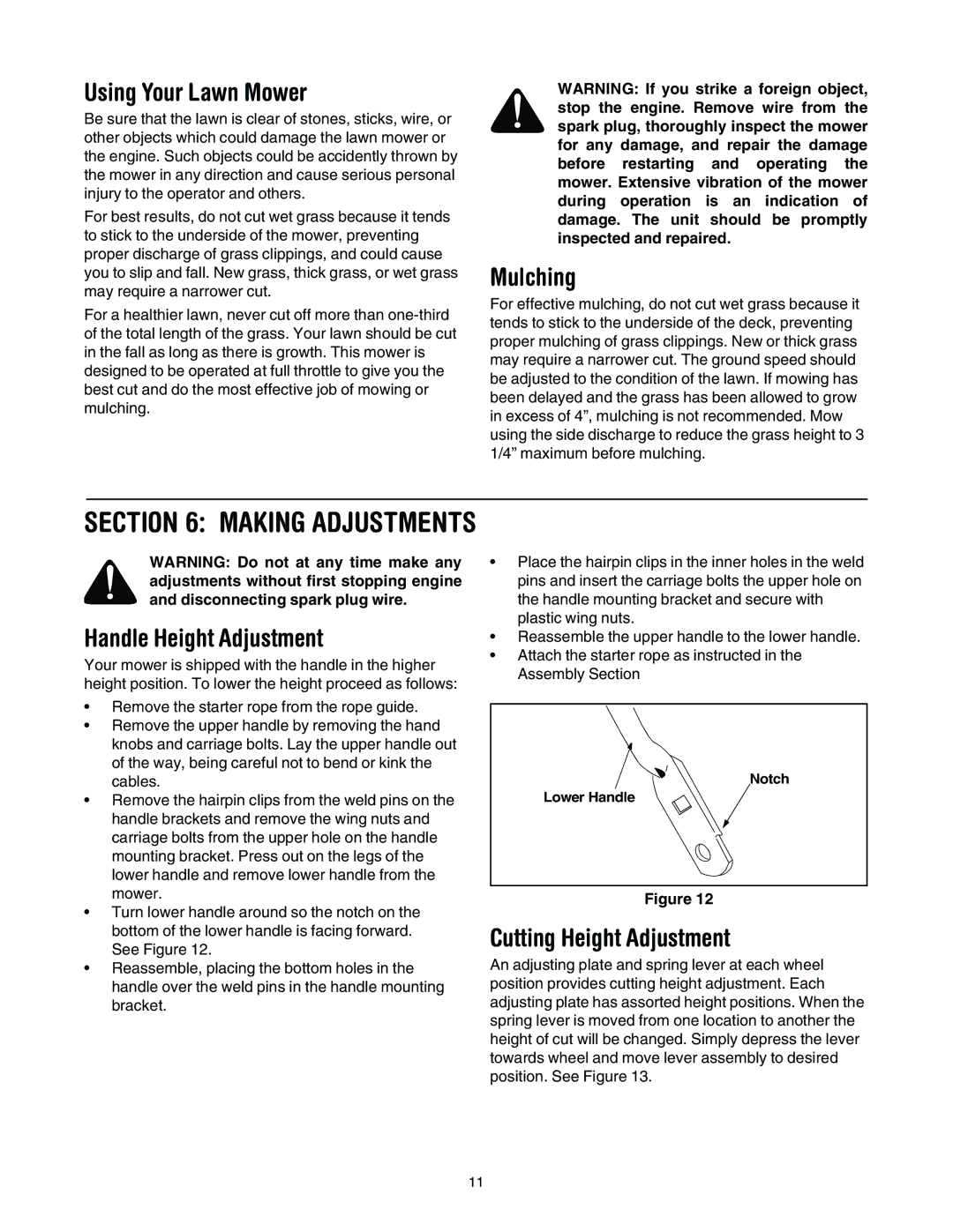 MTD 11A-545D034 manual Using Your Lawn Mower, Mulching, Handle Height Adjustment, Cutting Height Adjustment 