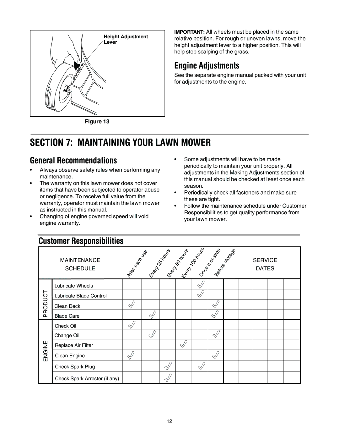 MTD 11A-545D034 manual Maintaining Your Lawn Mower, Engine Adjustments, General Recommendations 