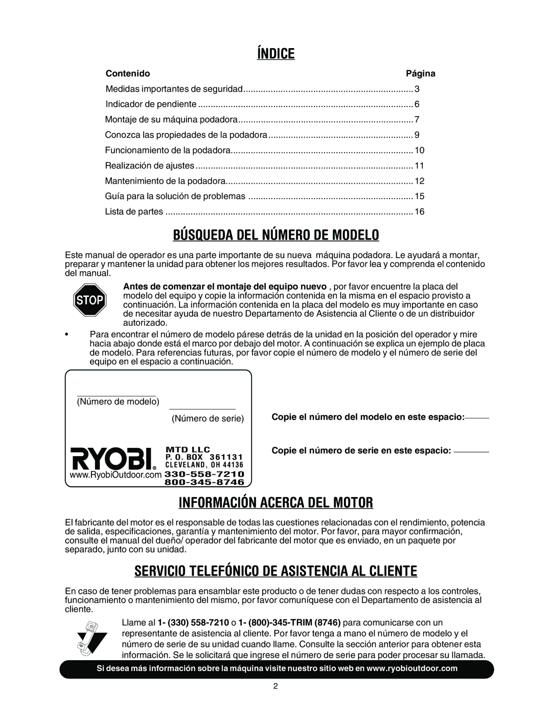 MTD 11A-545D034 manual Contenido, Número de serie, Copie el número de serie en este espacio 