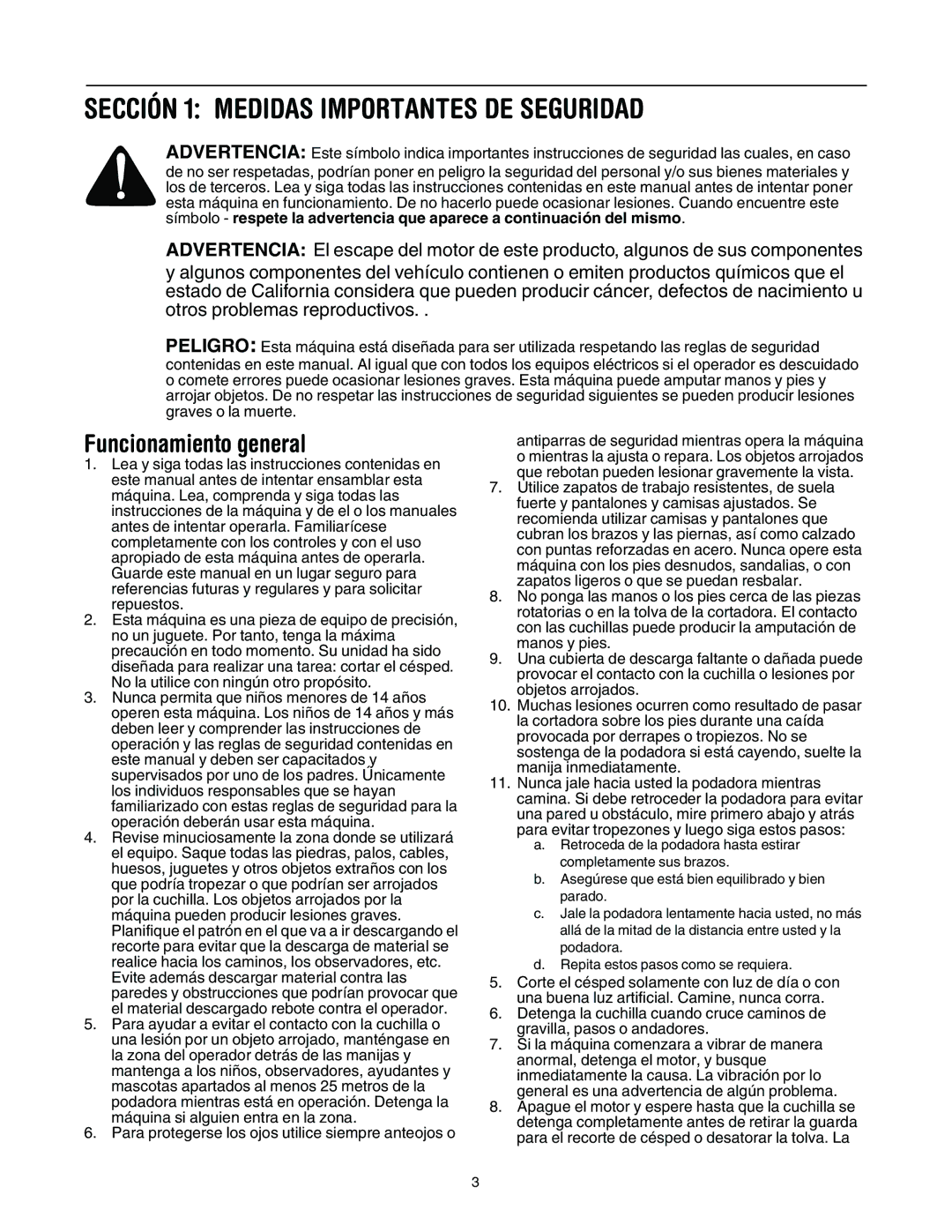 MTD 11A-545D034 manual Sección 1 Medidas Importantes DE Seguridad, Funcionamiento general 