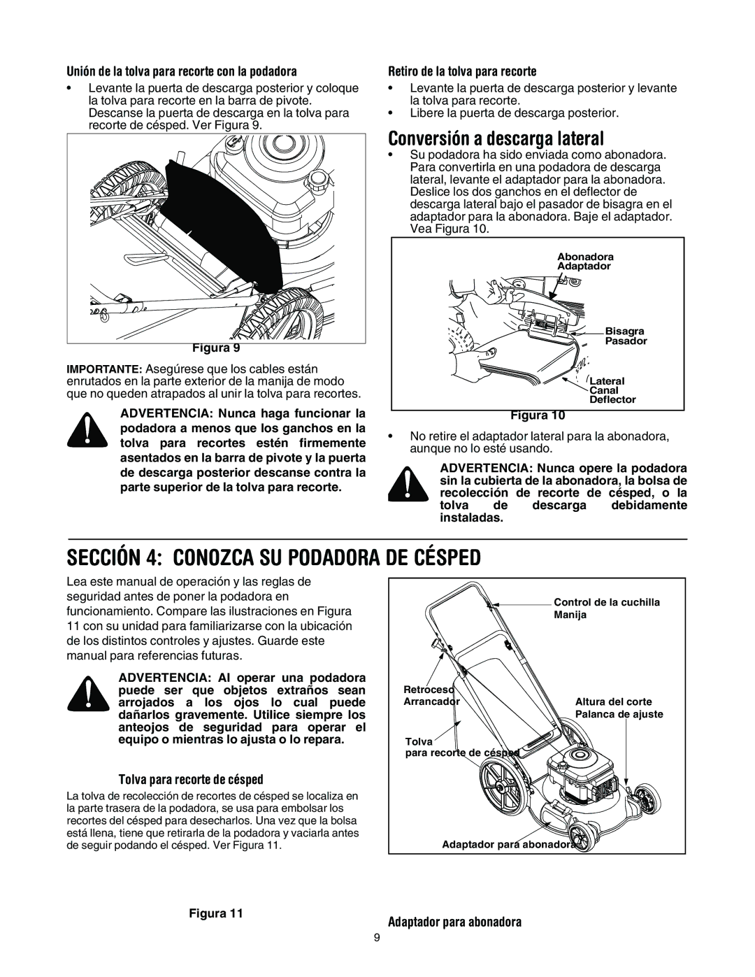 MTD 11A-545D034 manual Sección 4 Conozca SU Podadora DE Césped, Conversión a descarga lateral 