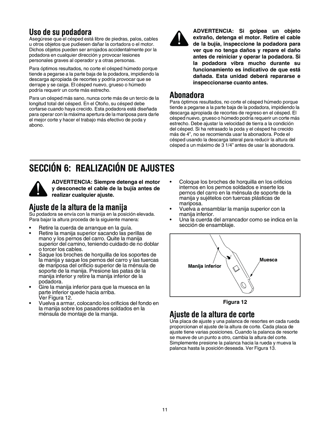 MTD 11A-545D034 manual Sección 6 Realización DE Ajustes, Uso de su podadora, Abonadora, Ajuste de la altura de la manija 