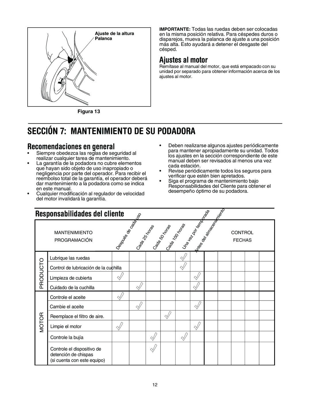 MTD 11A-545D034 manual Sección 7 Mantenimiento DE SU Podadora, Ajustes al motor, Recomendaciones en general 