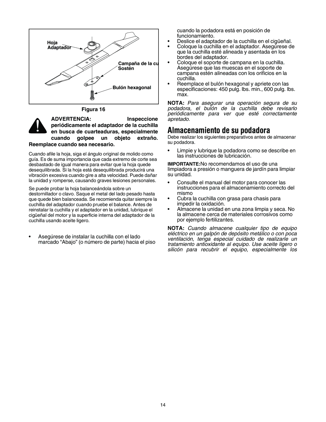 MTD 11A-545D034 manual Almacenamiento de su podadora, Reemplace cuando sea necesario 