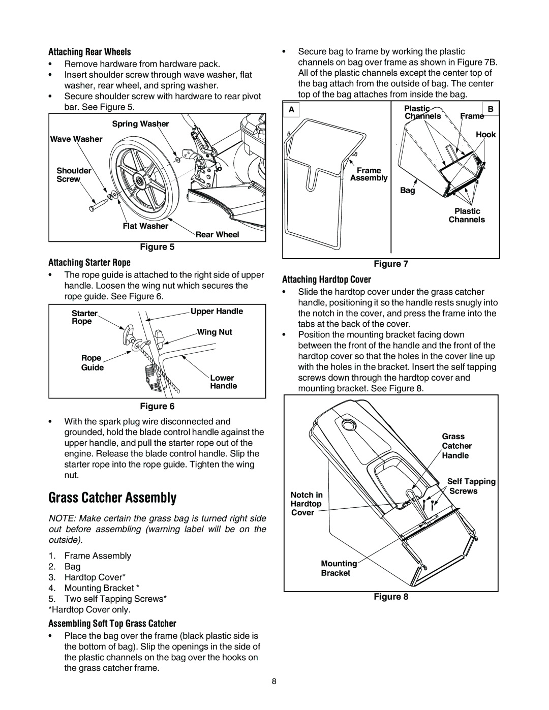 MTD 11A-545D034 Grass Catcher Assembly, Attaching Rear Wheels, Attaching Starter Rope, Assembling Soft Top Grass Catcher 