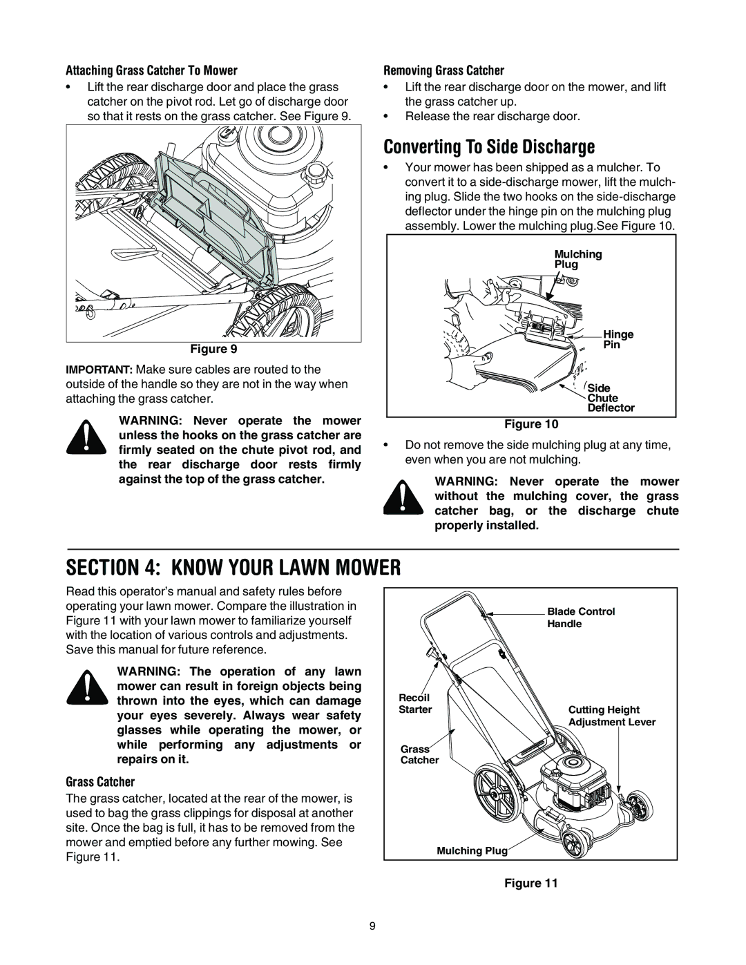 MTD 11A-545D034 manual Know Your Lawn Mower, Converting To Side Discharge, Attaching Grass Catcher To Mower 