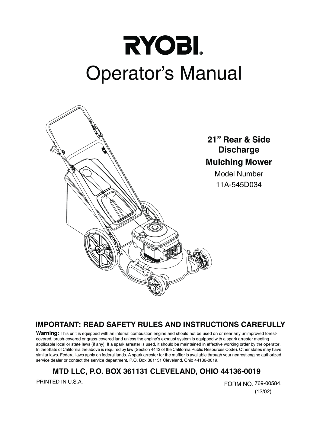 MTD manual Operator’s Manual, 21” Rear & Side Discharge Mulching Mower, Model Number 11A-545D034 