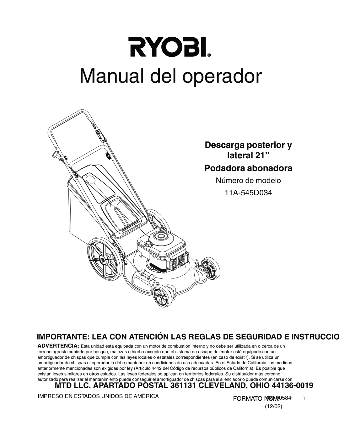 MTD Manual del operador, Descarga posterior y lateral 21” Podadora abonadora, Número de modelo 11A-545D034, Formato Num 