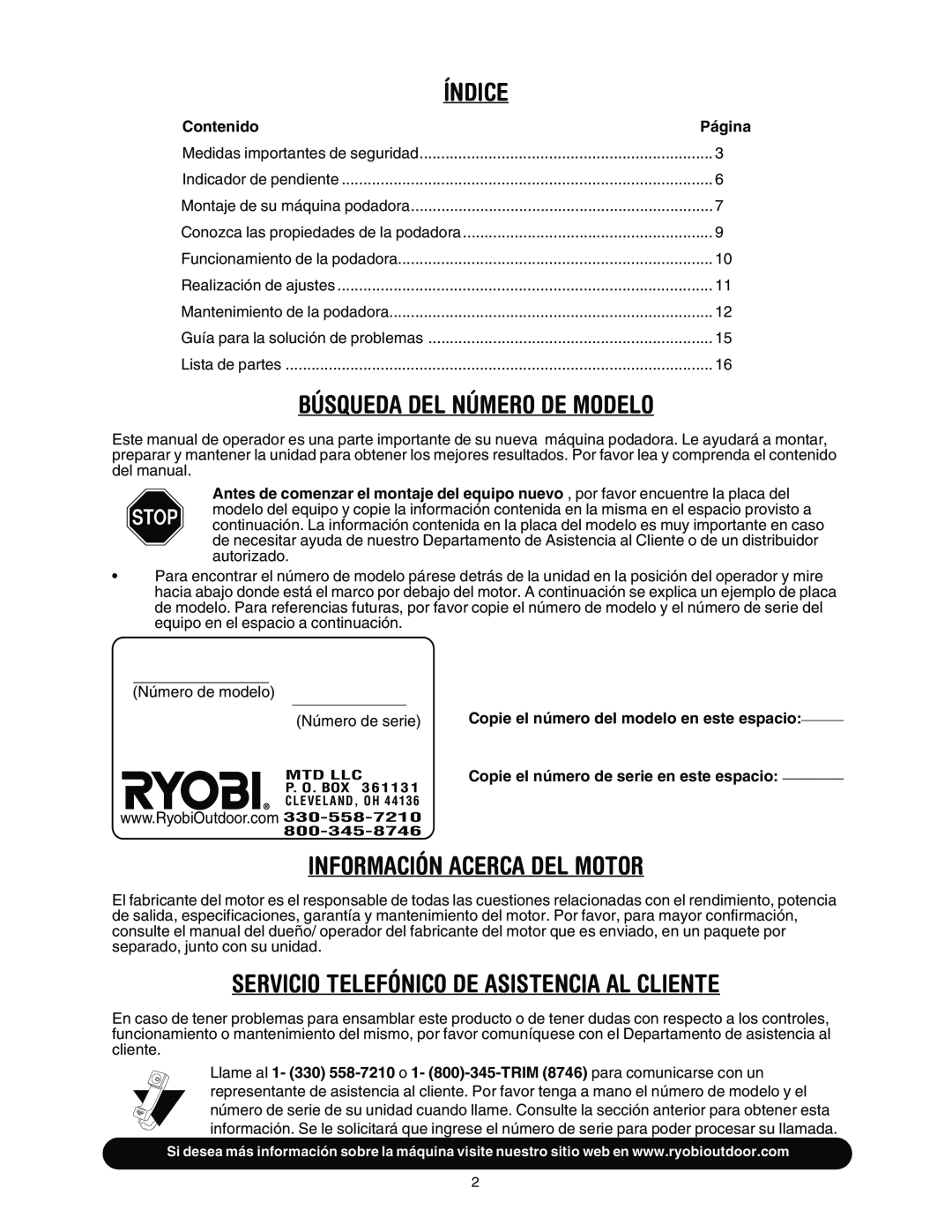 MTD 11A-545D034 manual Índice, Información Acerca Del Motor, Servicio Telefónico De Asistencia Al Cliente 