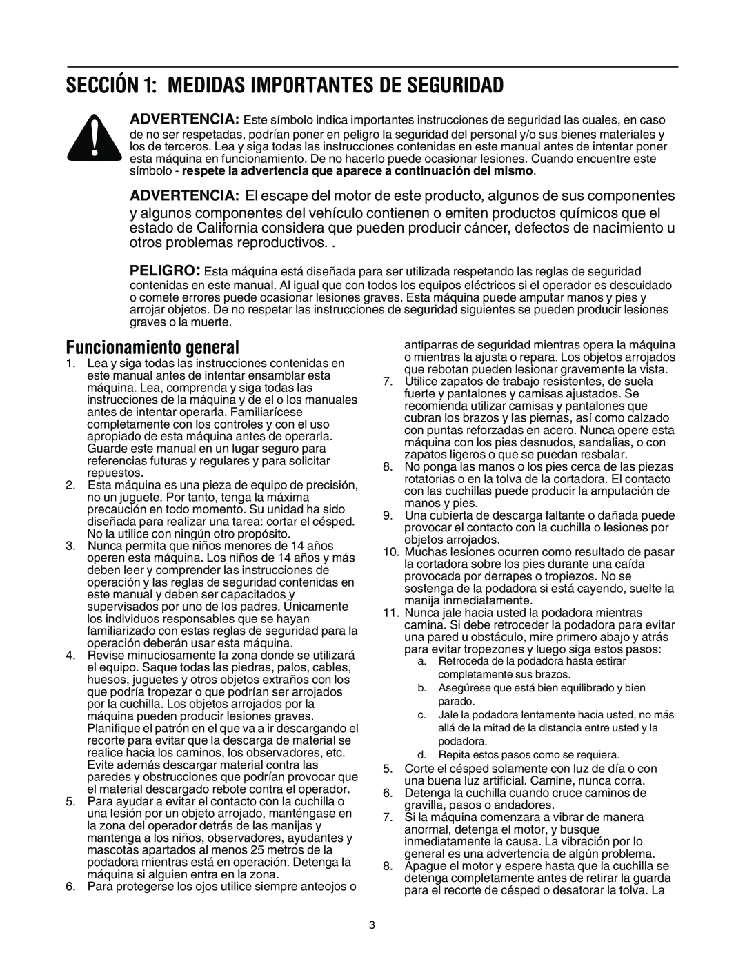 MTD 11A-545D034 manual SECCIÓN 1 MEDIDAS IMPORTANTES DE SEGURIDAD, Funcionamiento general 