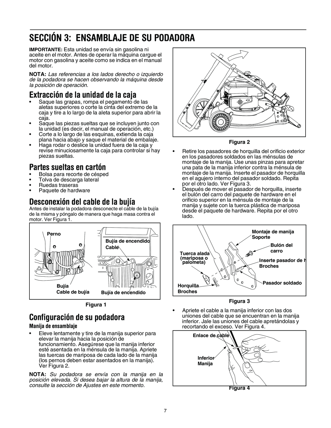 MTD 11A-545D034 manual SECCIÓN 3 ENSAMBLAJE DE SU PODADORA, Extracción de la unidad de la caja, Partes sueltas en cartón 