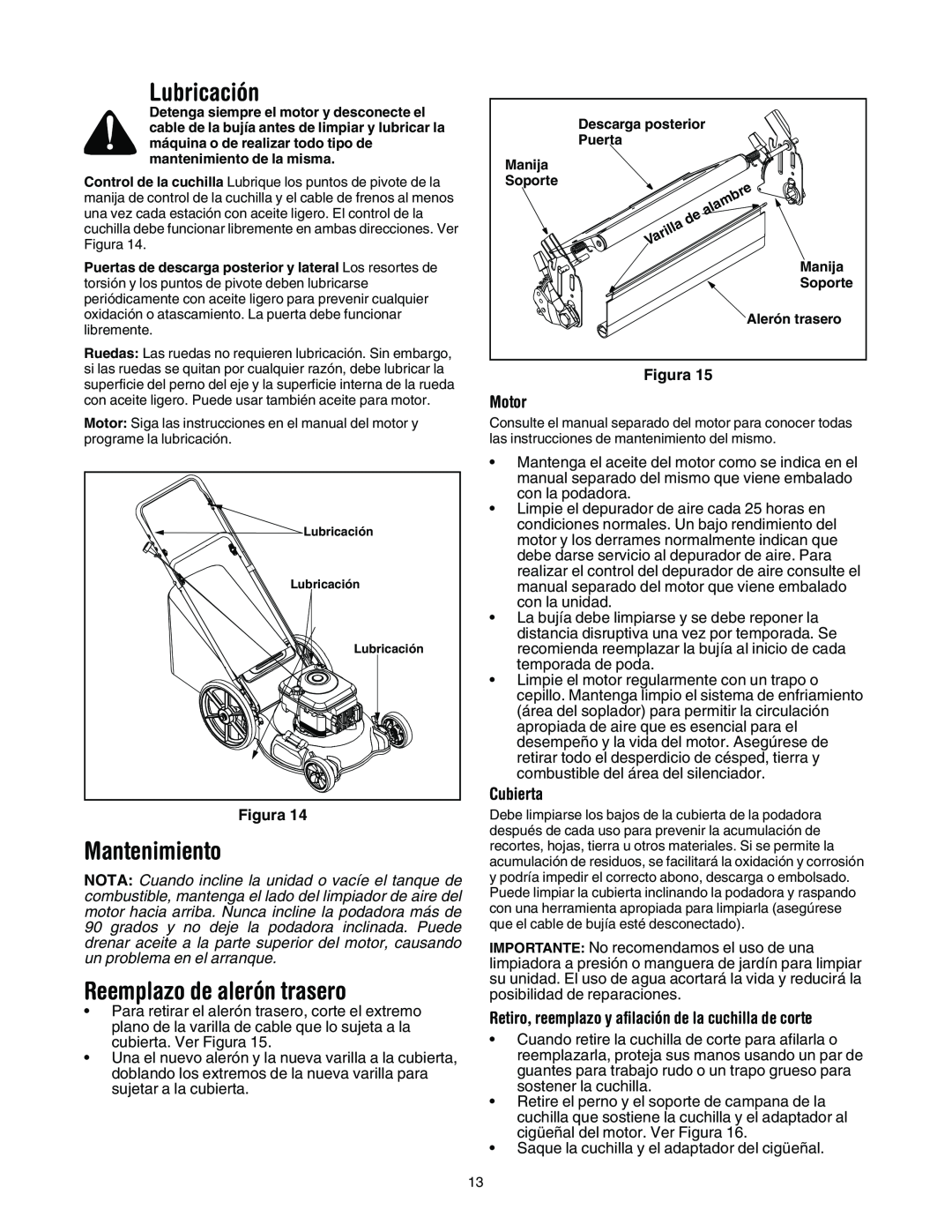 MTD 11A-545D034 manual Lubricación, Mantenimiento, Reemplazo de alerón trasero, Motor, Cubierta 