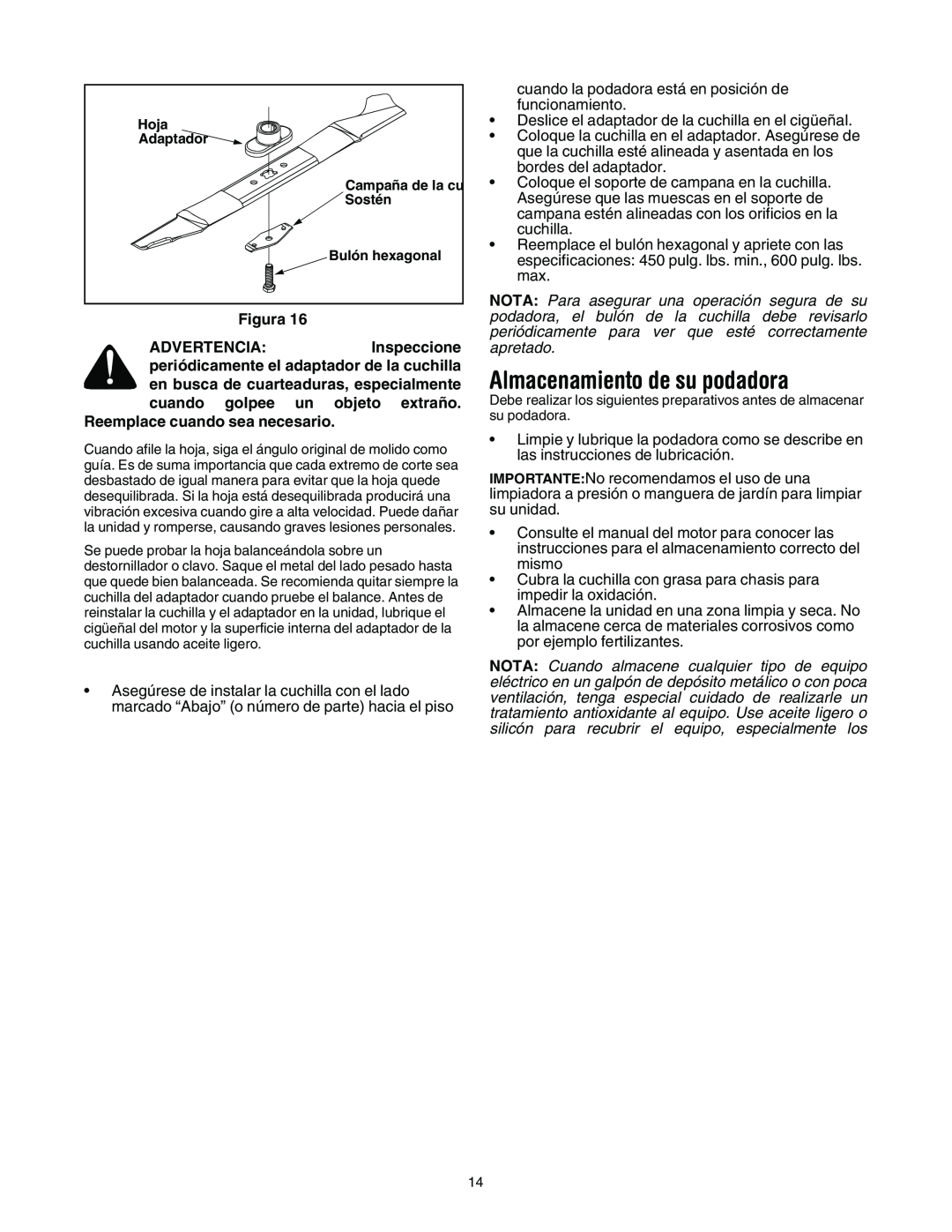 MTD 11A-545D034 manual Almacenamiento de su podadora 