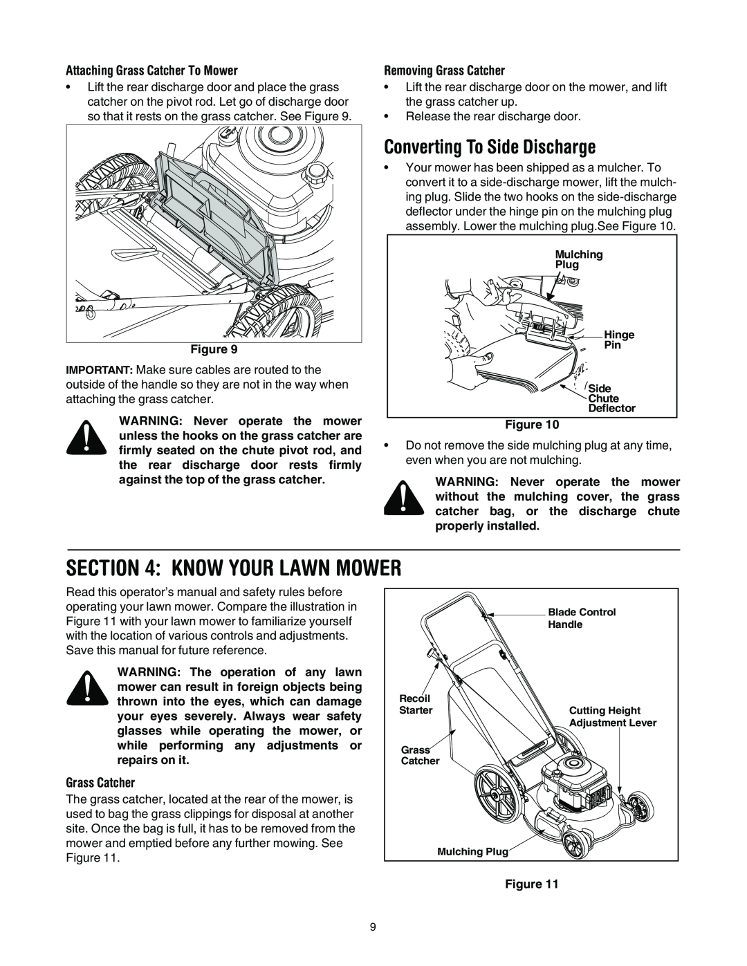 MTD 11A-545D034 manual Know Your Lawn Mower, Converting To Side Discharge, Attaching Grass Catcher To Mower 