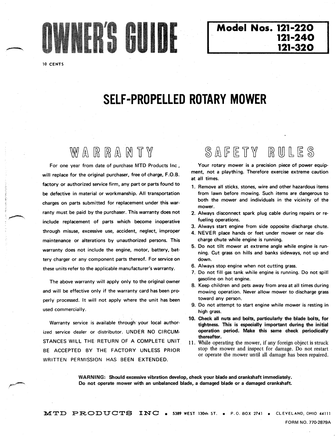 MTD 121-320, 121-220, 121-240 manual 