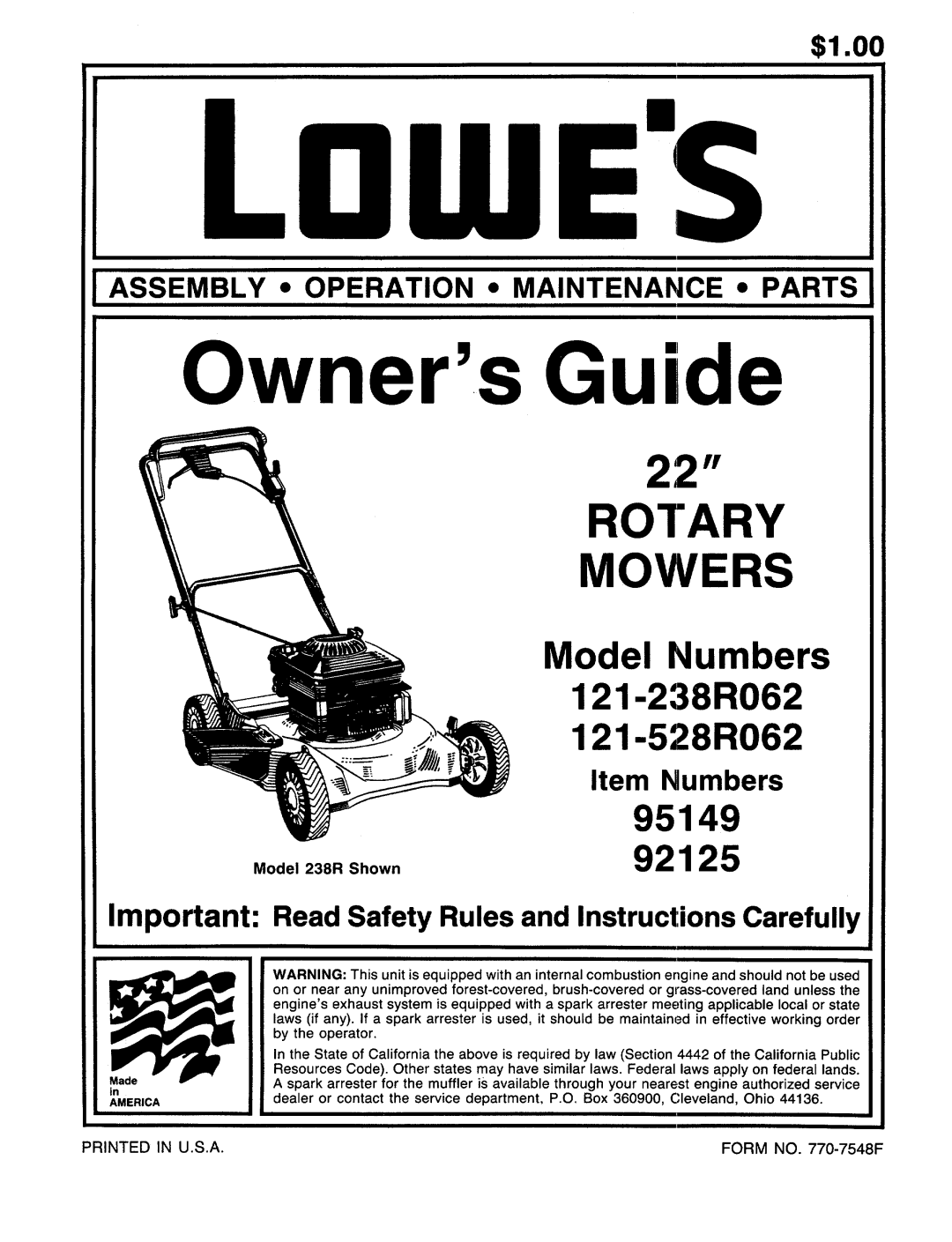 MTD 121-528R062, 121-238R062 manual 