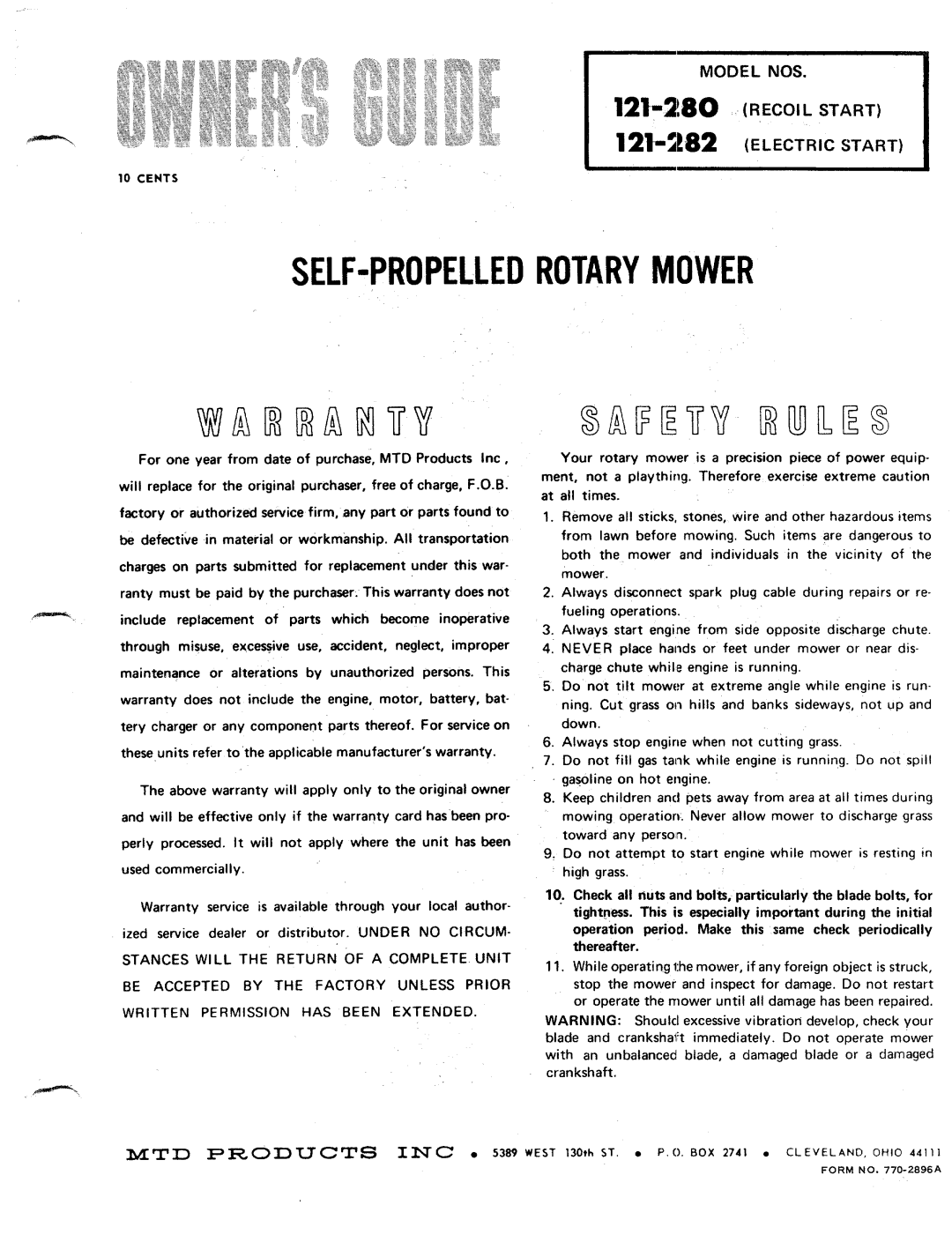 MTD 121-282, 121-280 manual 