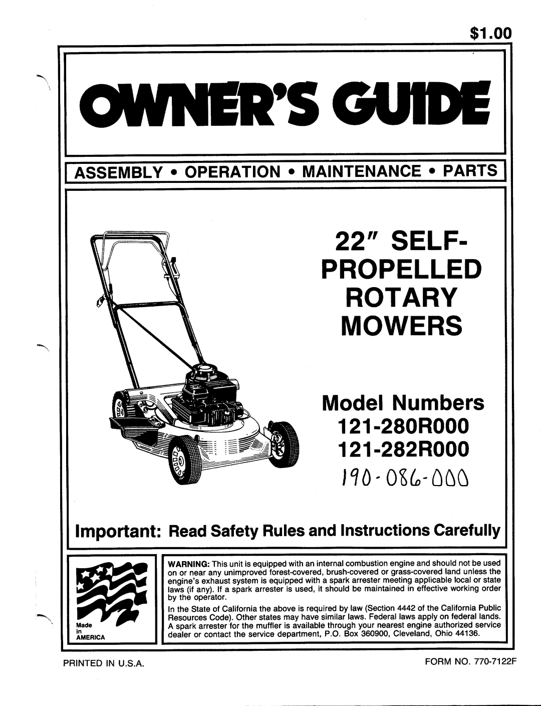 MTD 121-280R000, 121-282R000, 190-186-000 manual 