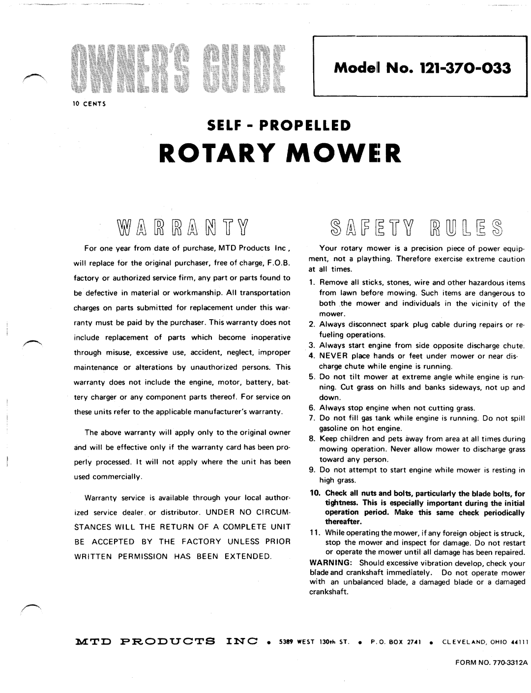 MTD 121-370-033 manual 