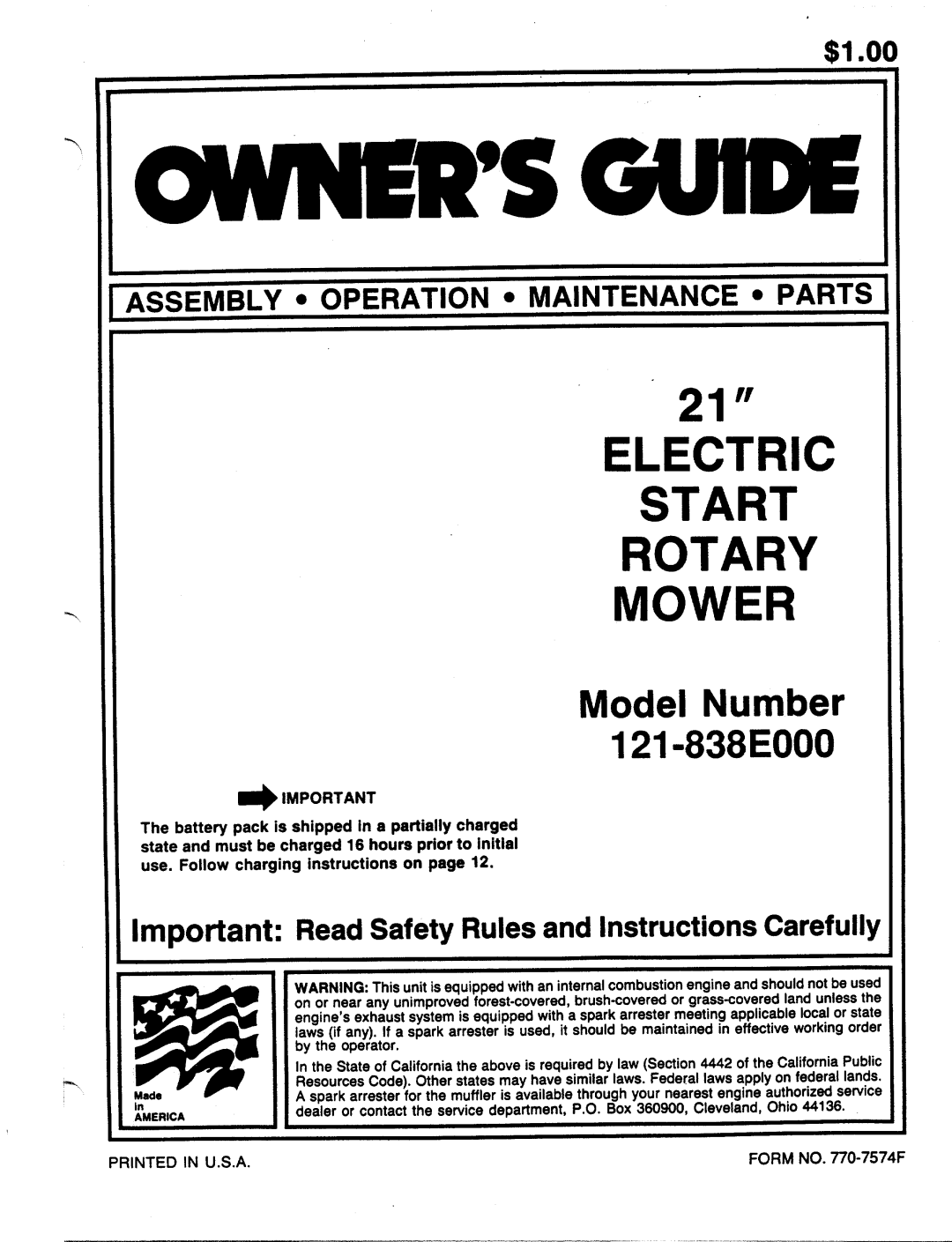 MTD 121-838E000 manual 