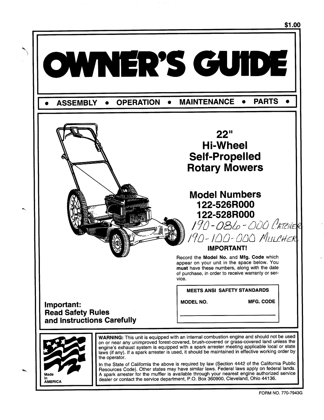 MTD 122-526R000, 122-528R000 manual 