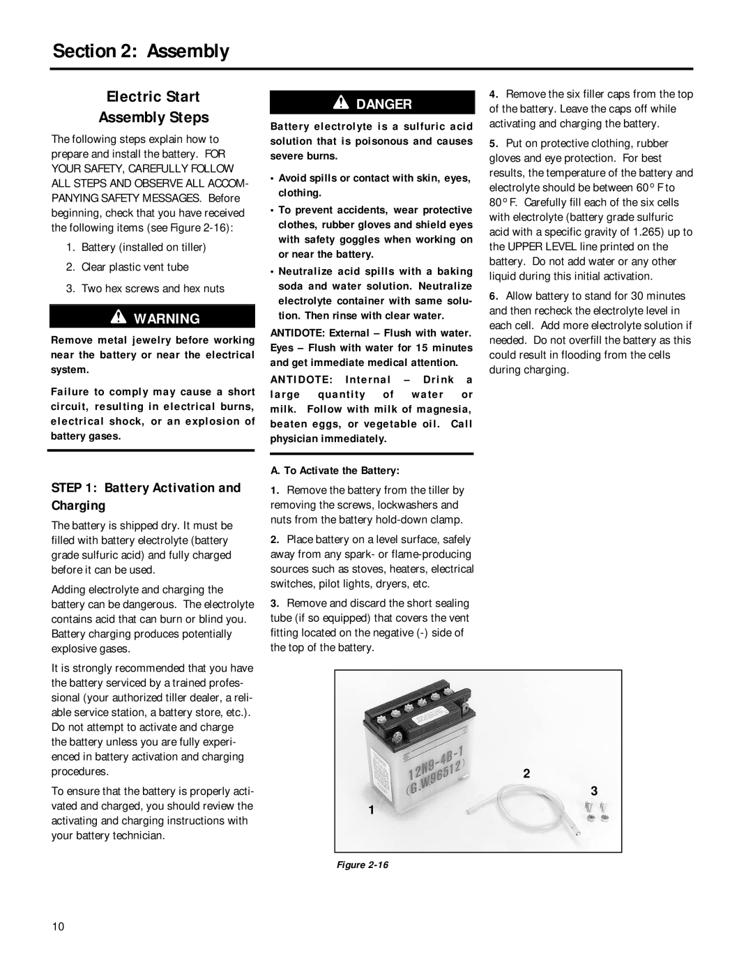 MTD 12211, 12212 owner manual Electric Start Assembly Steps, Battery Activation and Charging 