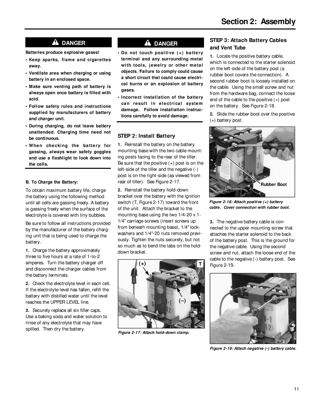 MTD 12212, 12211 owner manual Attach Battery Cables and Vent Tube, Install Battery 