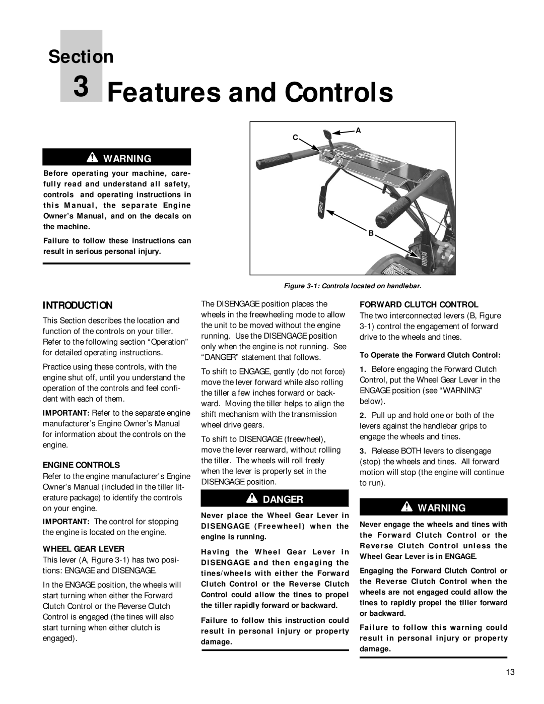 MTD 12212, 12211 owner manual Engine Controls, Wheel Gear Lever, To Operate the Forward Clutch Control 