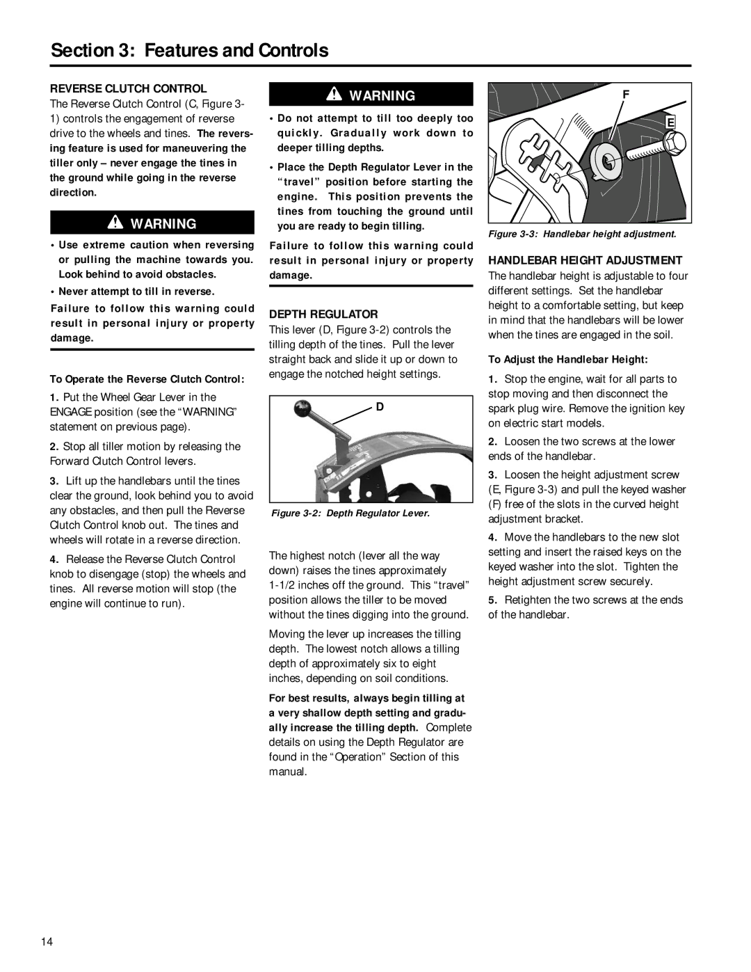 MTD 12211, 12212 Reverse Clutch Control, Depth Regulator, Handlebar Height Adjustment, To Adjust the Handlebar Height 