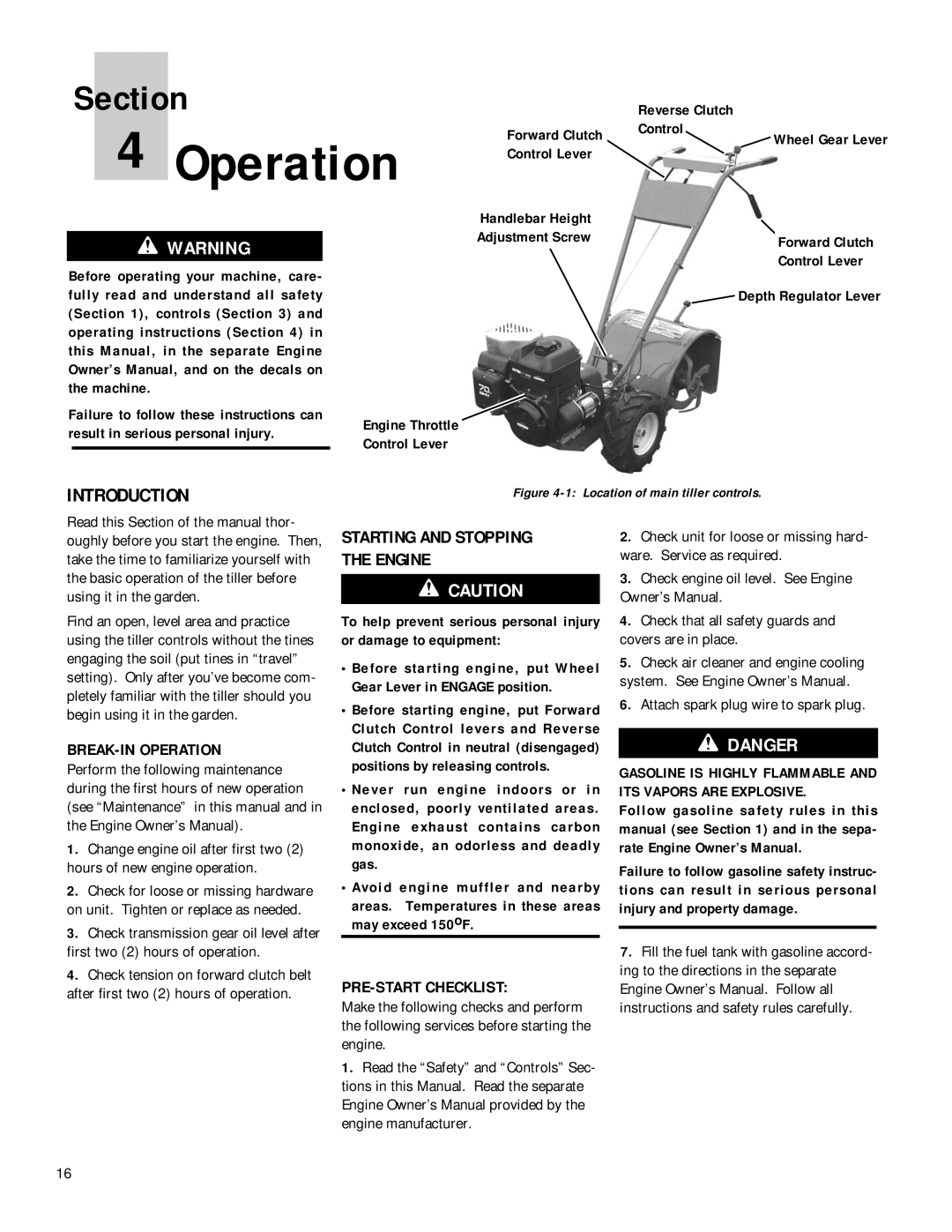 MTD 12211, 12212 Starting and Stopping, Engine, BREAK-IN Operation, PRE-START Checklist, ITS Vapors are Explosive 