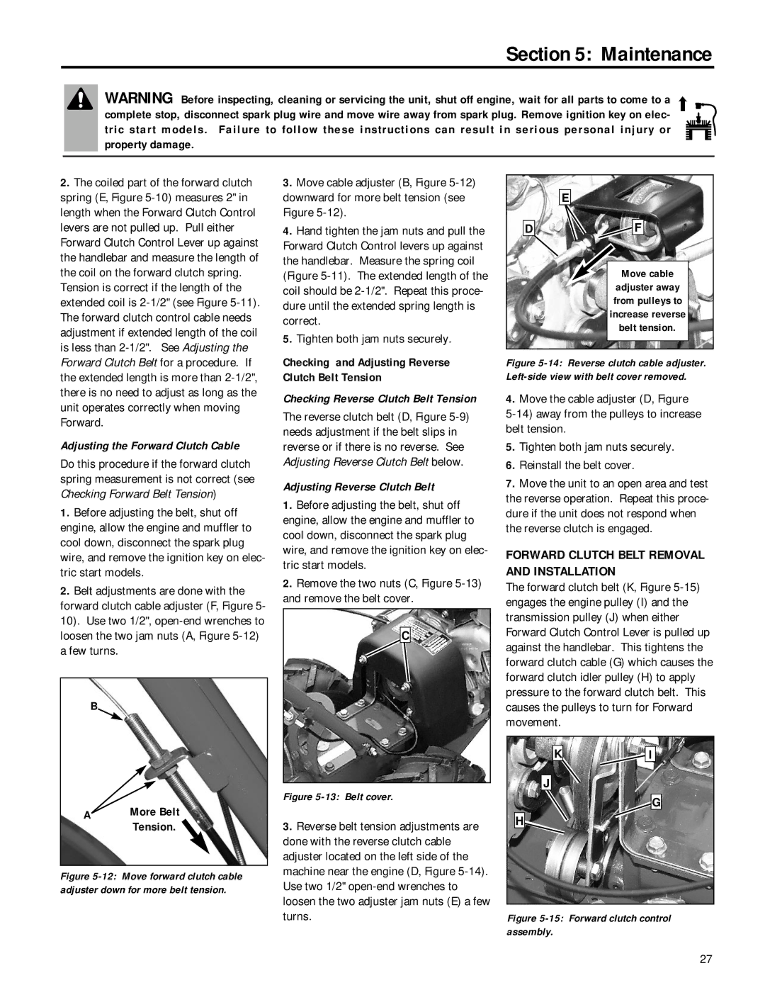 MTD 12212, 12211 owner manual More Belt Tension, Checking and Adjusting Reverse Clutch Belt Tension 